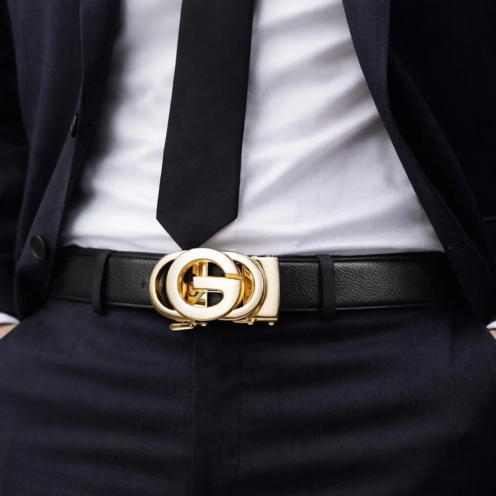 Men's Black Vegan Leather Belt with Gold Buckle 52”
